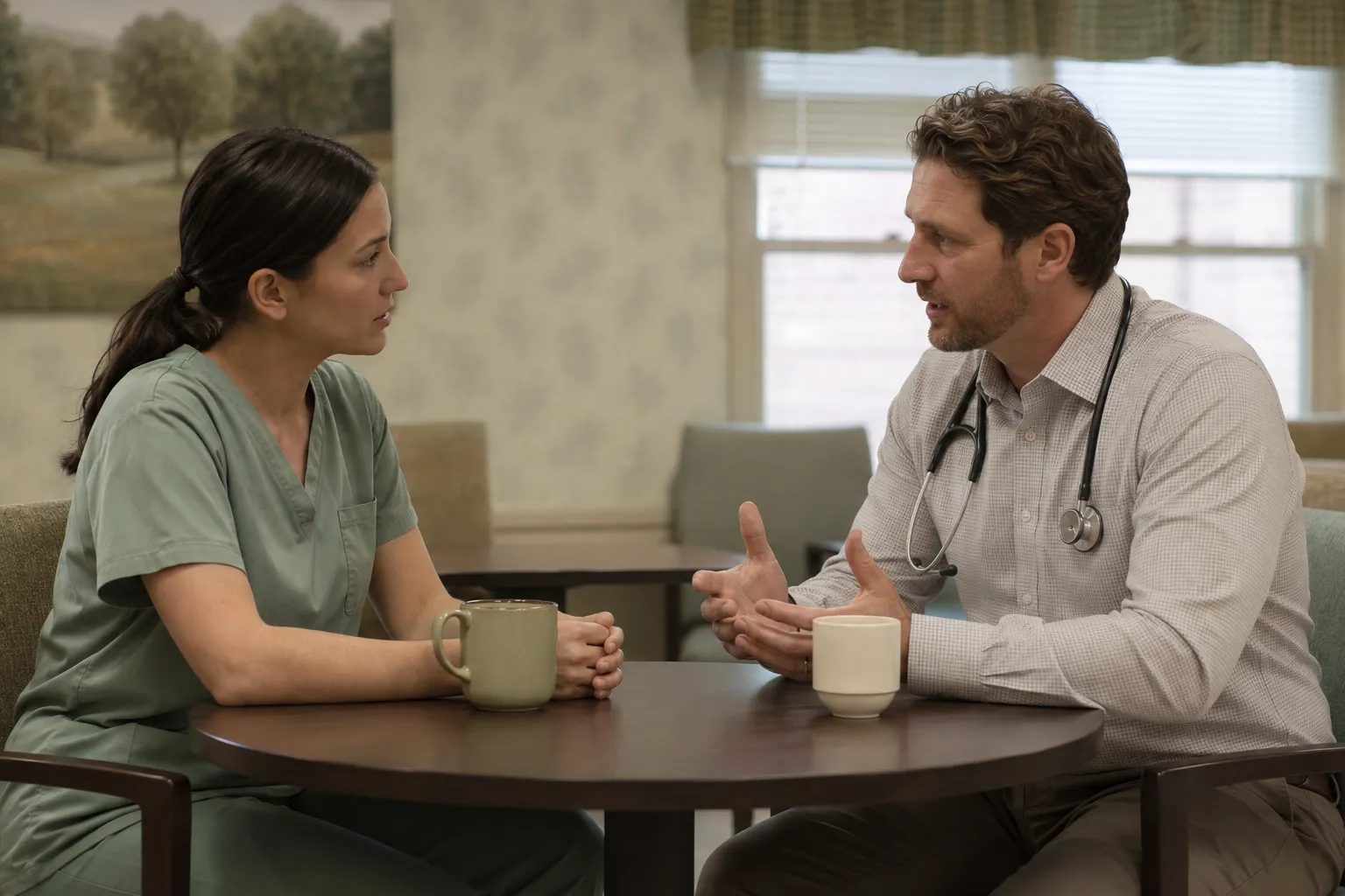 A nurse and a physician talking across a small table in a care-community lounge