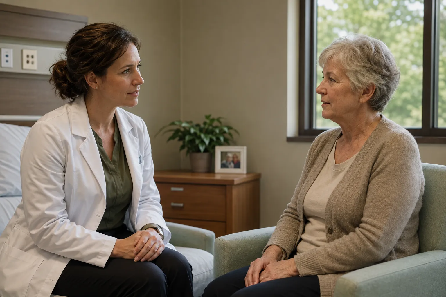 A physician listening to an older resident in a sunlit care-community room