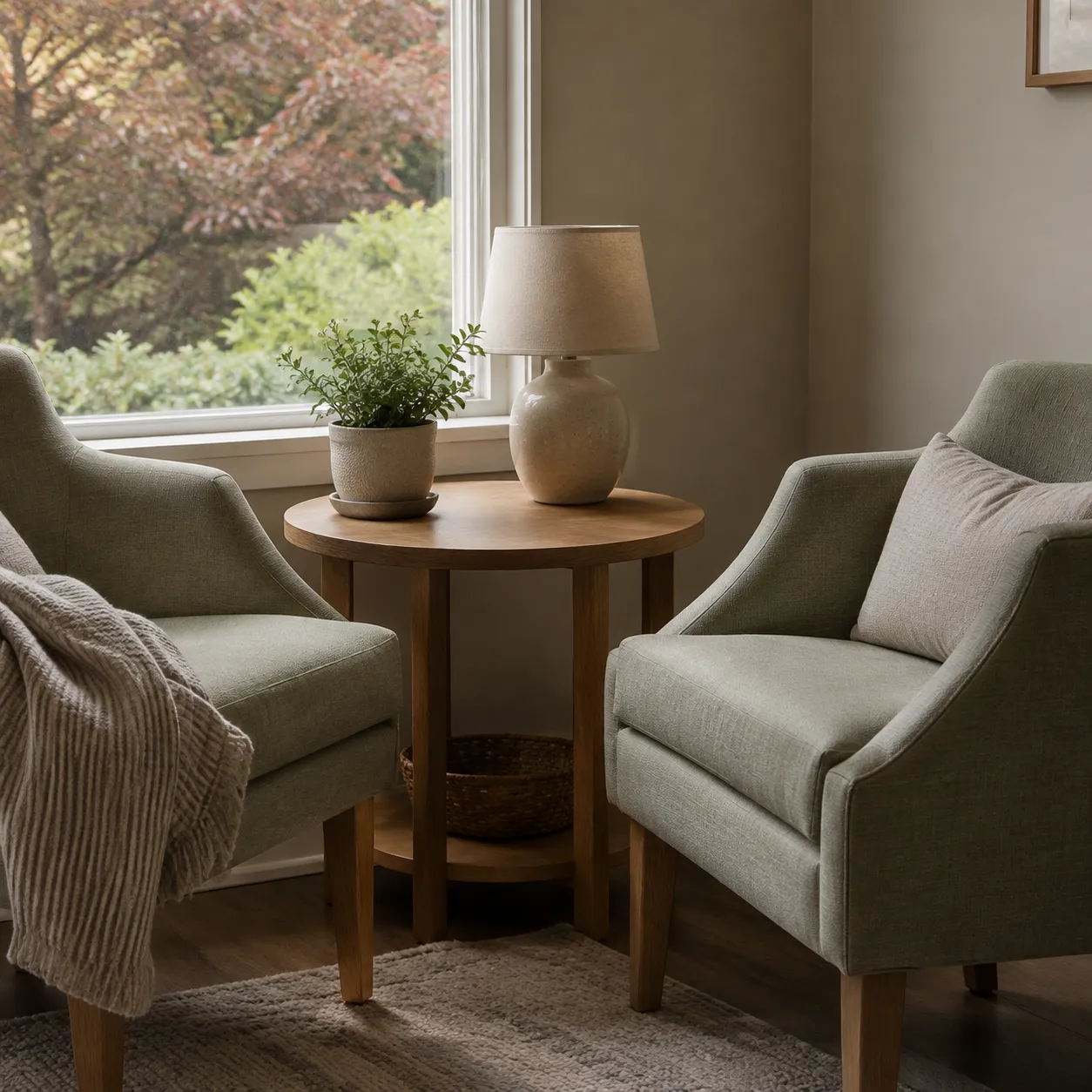 Two armchairs angled toward each other beside a window in a care-community sitting room