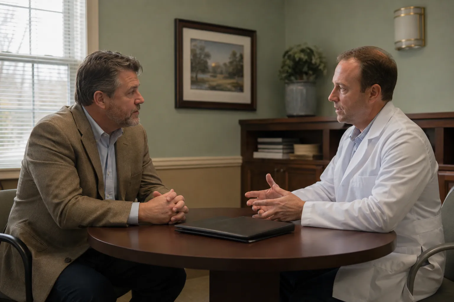 A facility administrator and a physician talking across a small round table
