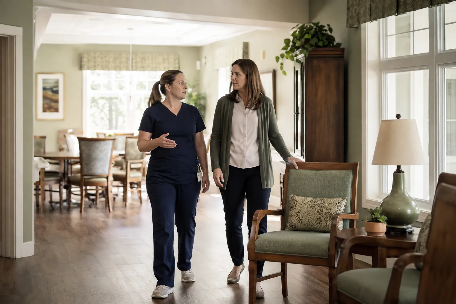A nurse and a facility administrator walking through a sunlit care-community common room